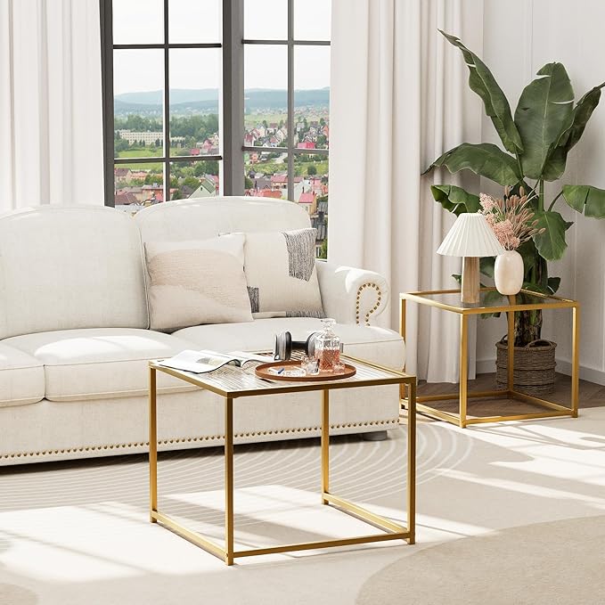 Garden 4 you Coffee Table Set of 2, Modern Patterned Glass Nesting Table, Metal Frame Square Center Table Set, Side Tables, Nesting Coffee Table for Living Room, Bedroom and Small Spaces, 23.6in Gold