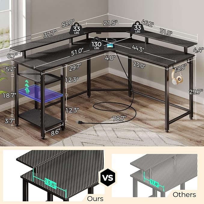 Rolanstar L Shaped Gaming Desk with LED Lights & Power Outlets, 46.2" Computer Desk with Full Monitor Stand & Storage Shelf, Corner Desk with Hooks, Carbon Fiber Desk Reversible