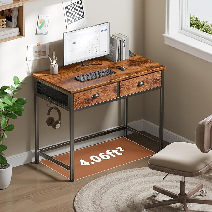 Furologee Small Computer Desk with 2 Fabric Drawers for Bedroom,34 Inch Home Office Writing Desk, Vanity Desk with Hooks, Simple Study Desk for Small Spaces, Makeup Dressing Table, Rustic Brown