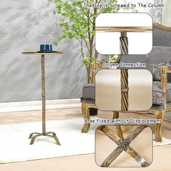 Metal Martini Table, 27.75" Antique Gold Side Table with 4 Legs, Modern Small Round Drink Table for Small Spaces Livng Room Sofa Couch Patio