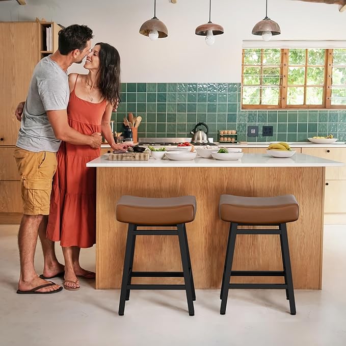 Counter Height Bar Stools Set of 2, 24 Inch Backless BarStools for Kitchen Island Leather Saddle Bar Chairs Kitchen Stools with 4" Thick Seats & Heavy Duty Metal Base, Brown