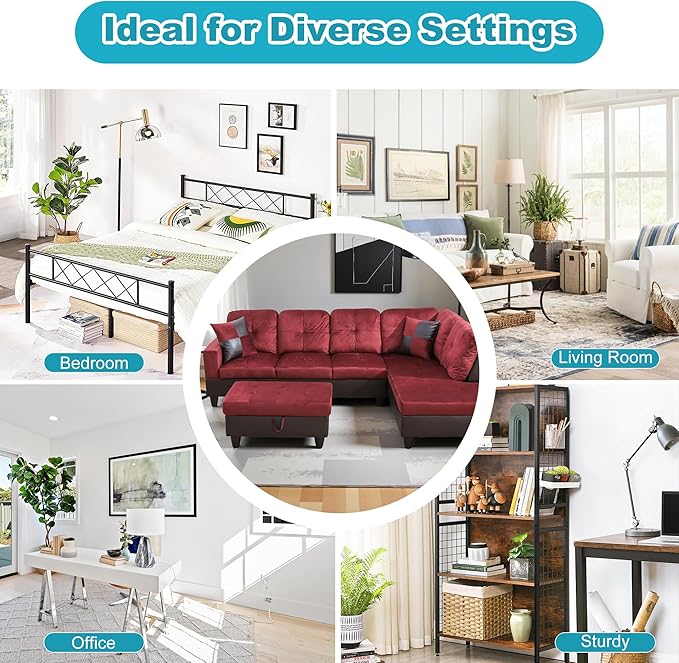Couches for Living Room Modern L Shaped Couch Comfy Flannel Fabric 3 Pieces Sectional Sofa with Chaise, Ottoman with Storage for Office and Small Apartment, Red