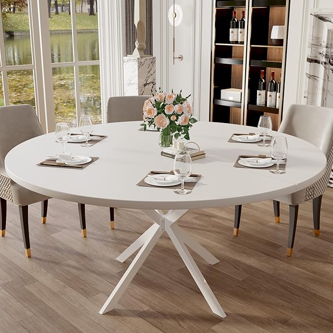 47.24" Round Dining Table for 4-6 Person, Modern Kitchen Table With Metal Legs, Pedestal Circle Table for Dining Room (White)