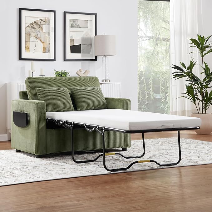 Twin Size Sofa Bed 47.2" Sleeper Sofa Loveseat Sofa with a Foldable Mattress, a Foldable Side Table, a Side Storage Pocket and Two USB Ports for Living Room, Green