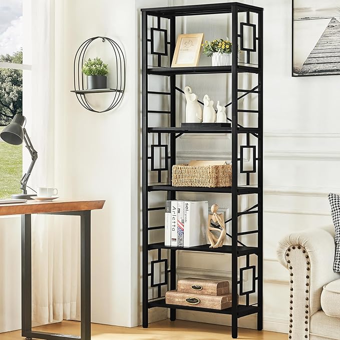 HOMISSUE Tall Bookshelf, Industrial Bookshelf with Metal Frame and Open Shelves, 6 Tier Metal Bookshelves and Bookcases, Rustic Bookcase, Tall Book Shelf for Office, Living Room and Bedroom, Black