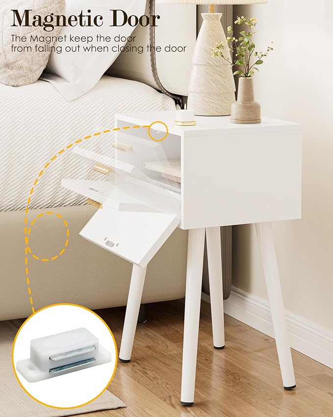 Night Stand, White Nightstand with Fluted Door, Small Modern Mid-Century Bedside Table for Bedroom, End Table for Living Room