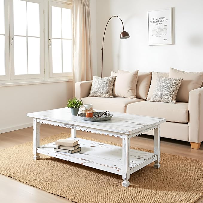 Country Cottage 42-Inch Farmhouse Coffee Table with Storage Shelf and White Antique Finish for Living Room or Family Room by Alaterre Furniture
