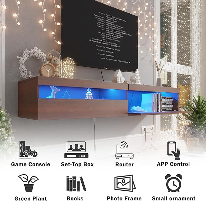 Floating TV Stand with Led Lights, 71 inch Wall Mounted TV Shelf with Power Outlet, Modern Entertainment Center Media Console with Storage Cabinet, Up to 80 Inch TVS, Walnut