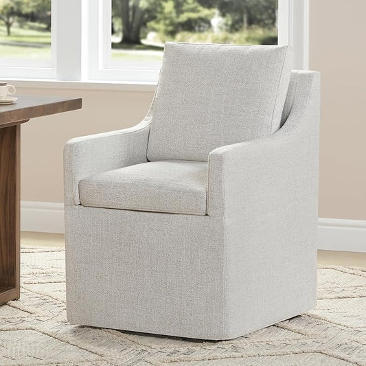 Upholstered Dining Chairs with Casters Easy Assembly Side Deskchair with Rollers for Diningroom, Living Room, Linen, 1 Box