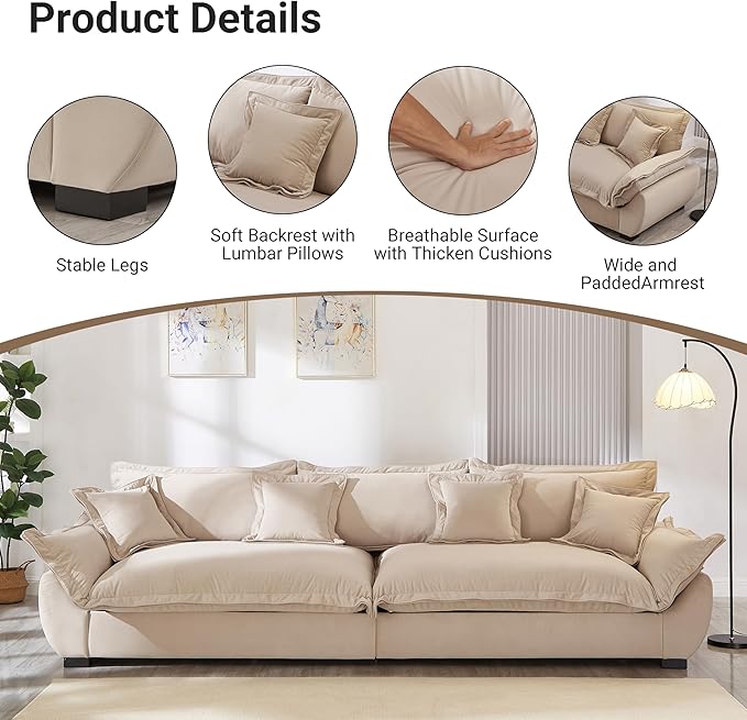 126 Inch Sailing Design Modular Sectional Cloud Sofa with Storage, Modern Deep Seat Couch w/Throw Pillows & Removable Backrest for Living Room Bedroom Apartment,Light Khaki