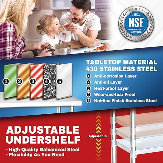 DuraSteel Food Prep Stainless Steel Table - 24 x 60 Inch Commercial Metal Workbench with Adjustable Under Shelf - NSF Certified - for Restaurant, Warehouse, Home, Kitchen, Garage