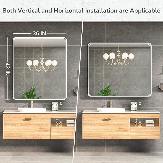 TokeShimi 42 x 36 Inch Bathroom Mirror White Vanity Wall Mirror with Metal Frame Aluminum Alloy Rounded Corner for Modern Farmhouse Wall Decor 1”Deep Set Design (Horizontal/Vertical)
