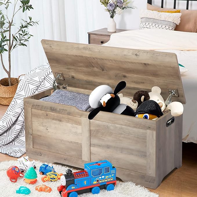 39.4" Storage Chest, Wooden Storage Bench, Lift Top Toy Chest with 2 Safety Hinges, Large Toy Box, Entryway Bench for Living Room, Bedroom, Grey