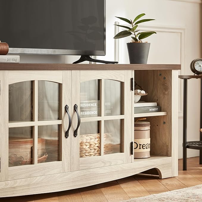 LINSY HOME TV Stand for 75 Inch TV, Modern Farmhouse Entertainment Center with Storage Cabinets and Glass Doors, Tall Media Console Table for Living Room, Bedroom, Large Long Television Stand, Beige