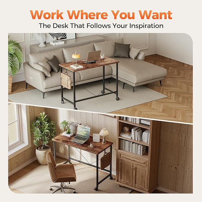 Rolling Computer Desk with Wheels, Gaming Desk for Small Spaces, Modern Simple Style Table for Home Office, Study Writing Table (Caster, Dark Brown, 48 inch)