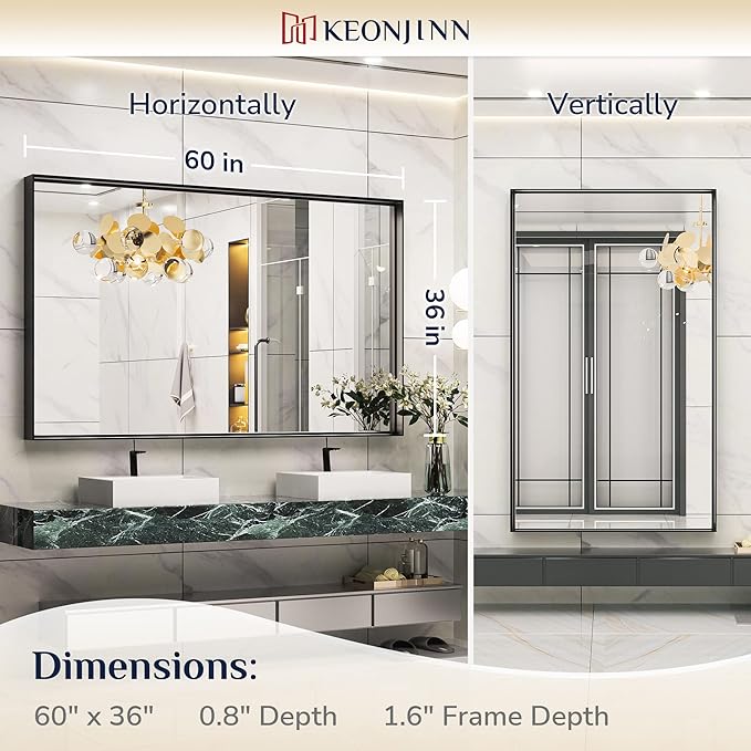 Keonjinn 60 x 36 Inch Black Bathroom Mirrors for Over Sink, Large Metal Framed Rectangle Vanity Mirror for Wall, Matte Black, Square Corner, Oversized, Sturdy & Solid(Horizontal/Vertical)
