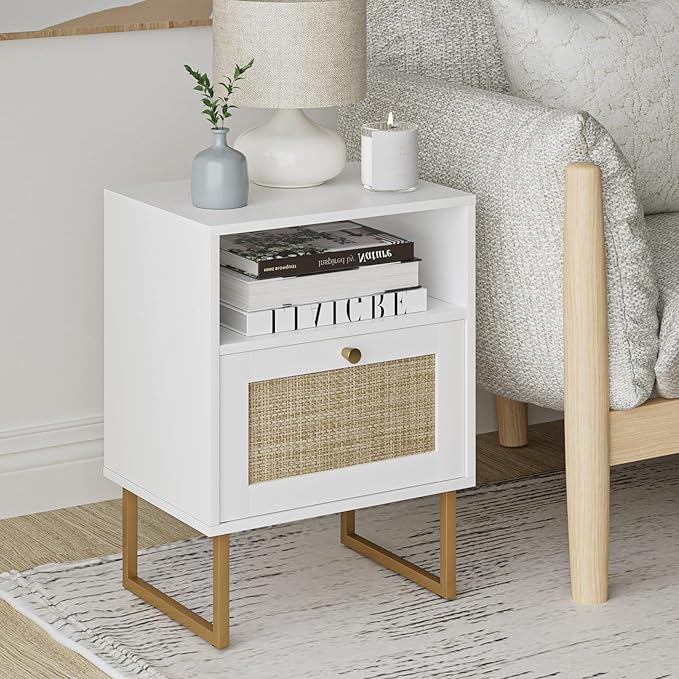 Masupu Extra Large Rattan Nightstand,Boho Night Stand Modern Farmhouse Wood Bedside Table with Storage Drawer and Open Shelf,Side End Table for Bedroom,Living Room,Office White