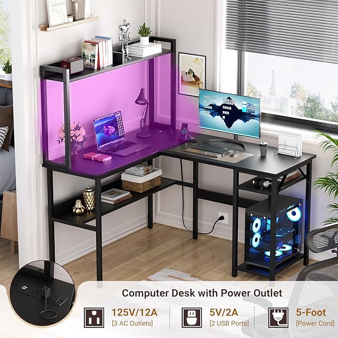 Unikito L Shaped Gaming Desk with LED Strip and Power Outlets, Reversible L-Shaped Computer Desk with Storage Shelves, Corner Desk with Hutch, 2 Person Home Office Desk, Black