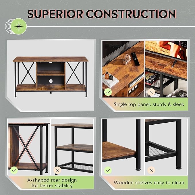 WLIVE TV Stand up to 45 Inch TV, 41" Entertainment Center with Open Storage Shelf for Living Room, Rustic Brown