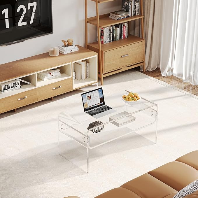 Acrylic Coffee Table, Clear Rectangle Side Table Furniture, Modern Tea Table With Open Storage, End Table for Living Room, Office Reception and Bedroom