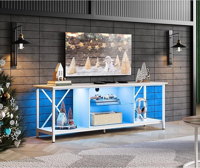 WLIVE TV Stand up to 65 Inch TV, 55" Entertainment Center with LED, Industrial TV Console with Glass Shelf for Living Room and Bedroom, White