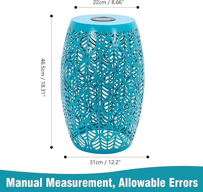 HPC Decor Outdoor Side Table - 18.3" Tall Iron Side Table with Waterproof Solar Powered Light, Cutout Blue End Table,Small Patio Side Table for Outside,Backyard, Pool, Indoor,Decorative Garden Stool.
