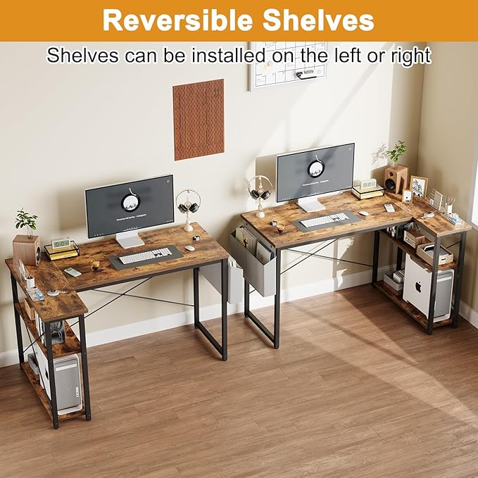 L Shaped Computer Desk with Reversible Shelves, 47 Inch Small Corner Desk with Storage Bag, Gaming Desk Computer Table Study Writing Desk for Home Office Small Space, Rustic Brown