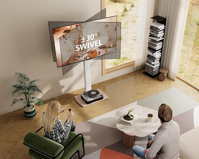 FITUEYES Swivel Floor TV Stand for 32 to 70 Inch TVs Tall Universal TV Stand Mount with Sturdy Wood Base, Space Saving for Corner Bedroom White