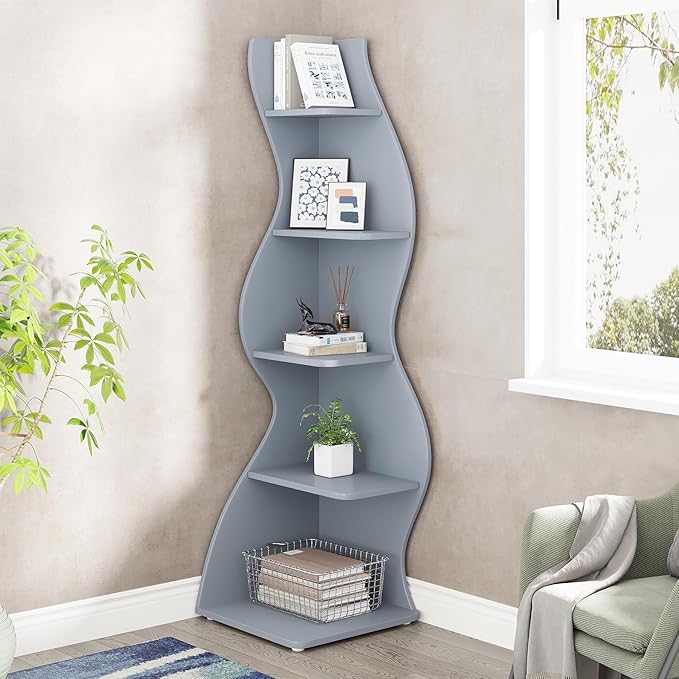 Tribesigns Corner Shelf, Modern 5-Tier Wall Corner Bookshelf, Stylish Corner Small Bookcase Storage Rack Plant Stand with Unique Shape for Living Room, Home Office (Blue, 1PC)