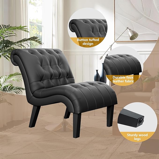 Yongqiang PU Leather Accent Chairs Set of 2 Button Tufted Upholstered Modern Armless Lounge Chair for Bedroom Living Room Chairs Leisure Chair with Wood Legs Black