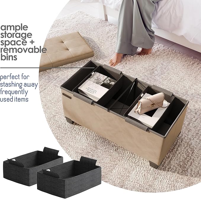 STORAGEBUD Storage Ottoman Bench with Bins, 30-in Storage Bench for Bedroom End of Bed, Folding Foot Rest Ottoman for Living Room Max 660lbs, Faux Leather Ottomans, Taupe