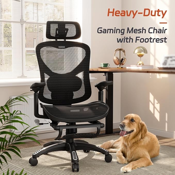 Ergonomic Office Chair, Mesh Desk Chair with Footrest, 3D Armrest - 215° Rotation, Adjustable Lumbar Support & Headrest, 90°-120° Tilt Lock, Big and Tall Computer Gaming Chairs, Black