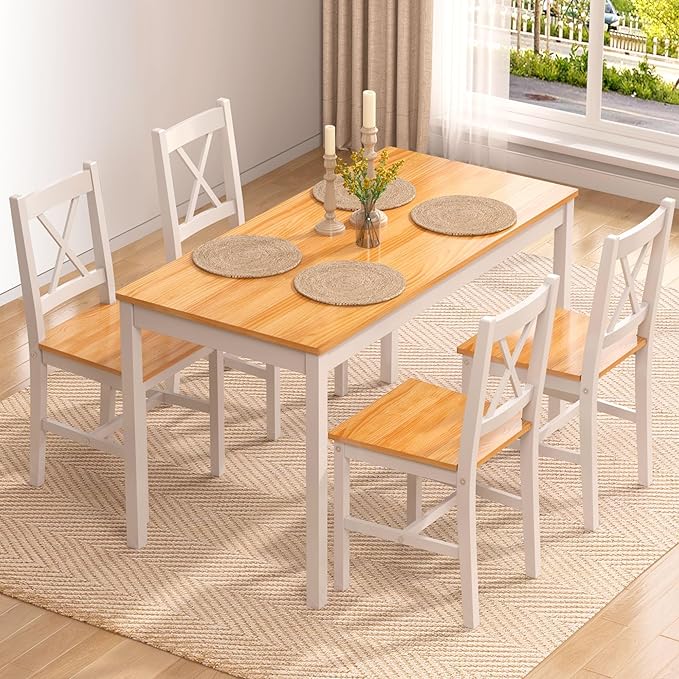 soges Dining Table Set for 4, 42.5 inch Pine Wood Dining Room Table with 4 Chairs, 5-Piece Kitchen Table Chairs Set for Small Space, Apartment, Dinette, Breakfast, White & Oak