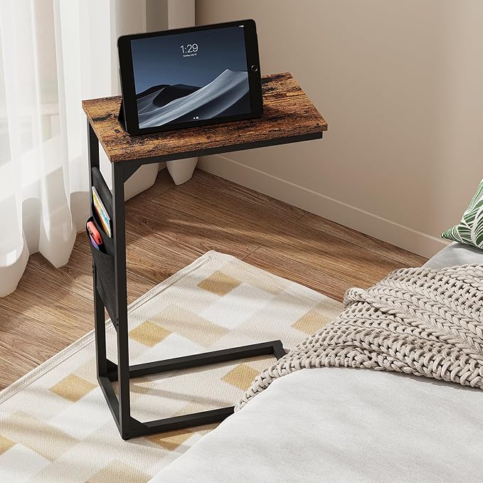 TUTOTAK C Shaped End Table, Side Table for Couch, Sofa Table with Storage Bag, TV Tray for Living Room, Bedroom, Brown TB01BB0822