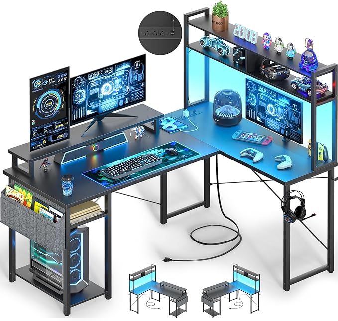 Small L Shaped Desk Gaming Desk with Power Outlets, 48" Reversible L Shaped LED Computer Desk with Monitor Stand & Storage Shelf, Corner Gamer Desk Home Office Desk with Storage Bag, Black