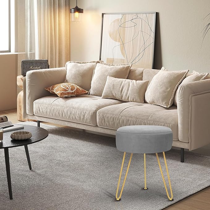 GERANT Multifunctional Vanity Stools - Velvet Round Ottoman Modern Dressing Stool -Upholstered Footrest Stool - Side Table Footstool with Golden Metal Leg for Living Room, Bedroom (Gray)