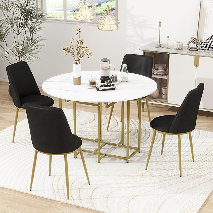 Ball & Cast Space-Saving 5-Piece Extendable Kitchen Dining Table Set w/ 4 Upholstered Chairs,Round Faux Marble Top with Golden Frame,Compact Foldable Design,for Small Spaces,White+Black