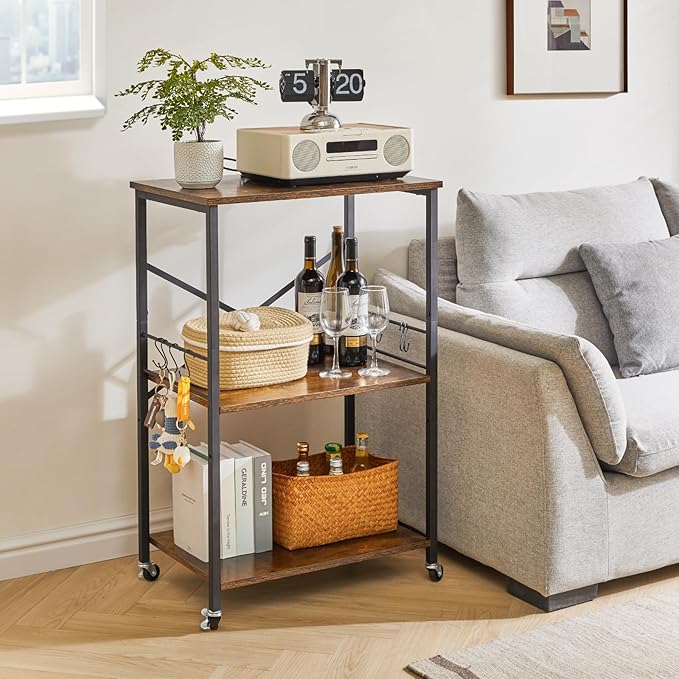 IBUYKE Kitchen Shelf Cart, 3-Tier Microwave Oven Stand, Baker’s Rack with Metal Frame and 8 Hooks, Industrial Printer Stand, Utility Standing Storage Shelf for Coffee Bar, Simple Assembly, TMJ023H