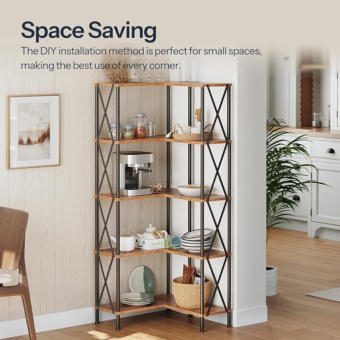 HOOBRO Corner Bookshelf, 5-Tier L-Shaped Bookcase, Industrial Open Display Shelf Tall Storage Organizer, Vertical Storage Rack, for Living Room, Home Office, Rustic Brown and Black BF60SJ01
