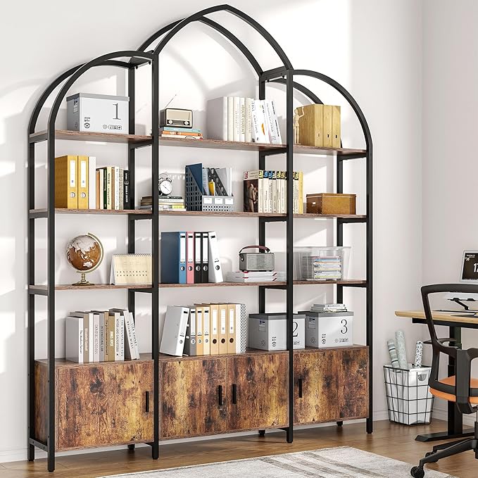 Triple Wide 5 Tier Tall Arched Bookshelf and Bookcase with 3 Cabinets, Industrial Metal Etagere Open Bookshelf, Rustic Wood Standing Book Shelf with Black Metal Frame for Bedroom Living Room