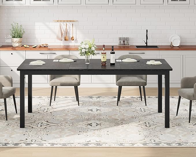 GarveeHome 70.8in Industrial Dining Table for 6, Wooden Long Dinner Table with Mortise Tenon Design, Kitchen Table with Sturdy Metal Legs, for Dining Room Home Office Living Room, Black