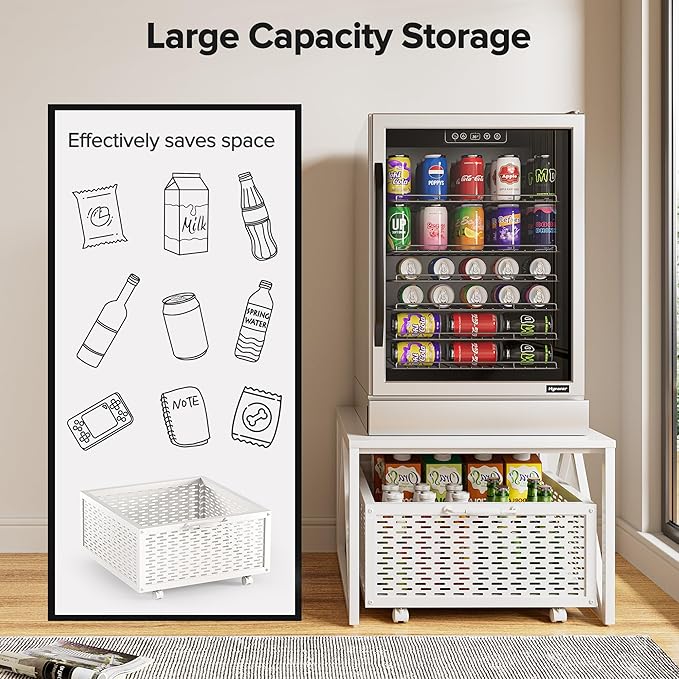 Urban Deco Mini Fridge Stand with Storage, Heavy Duty Fridge Cart with Drawer Basket, Mini Refrigerator Table for 220 LBS, Mobile Fridge Stand with Swivel Wheels for Dorm,Office,Home,White