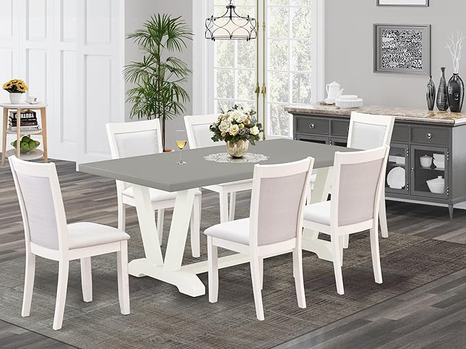 East West Furniture V097MZ001-7 7 Piece Kitchen Table Set Consist of a Rectangle Dining Table with V-Legs and 6 Cream Linen Fabric Parson Dining Room Chairs, 40x72 Inch, Multi-Color