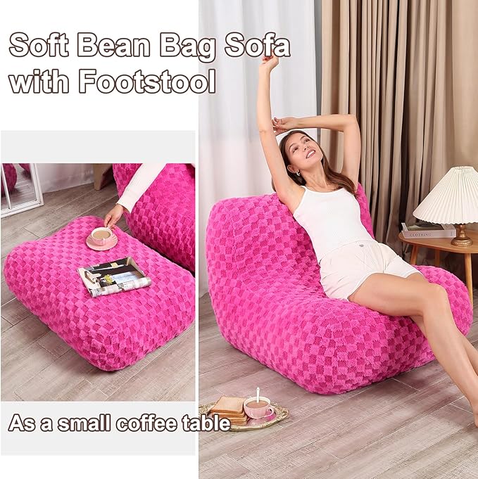Bean Bag Chair with Footstool, Comfy Reading Sofa Chair for Adults, Modern Floor Sofa for Livingroom, Bedroom, Pink