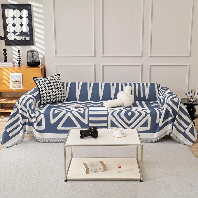 STACYPIK Thick Boho Couch Covers for Dog Cat, Modern Blue Triangle Sofa Cover for Living Room, Reversible Furniture Protector for 3 Cushion Couch, Anti Slip Jacquard Loveseat Covers for Sofa-71X118IN