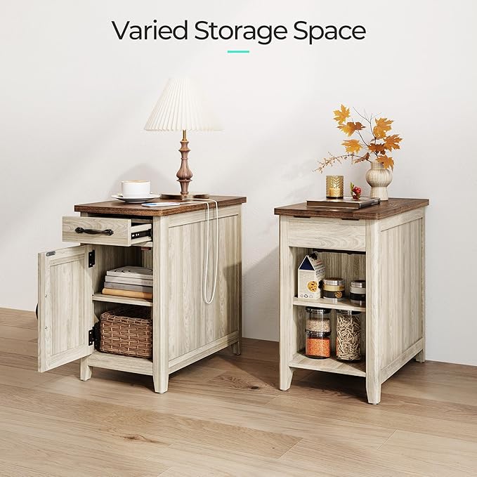 LINSY HOME End Table Set of 2 with Charging Station, Modern Farmhouse Sofa Couch Side Table, Wooden Bedside Table for Living Room Bedroom, Narrow Nightstand with Storage Cabinet for Small Space
