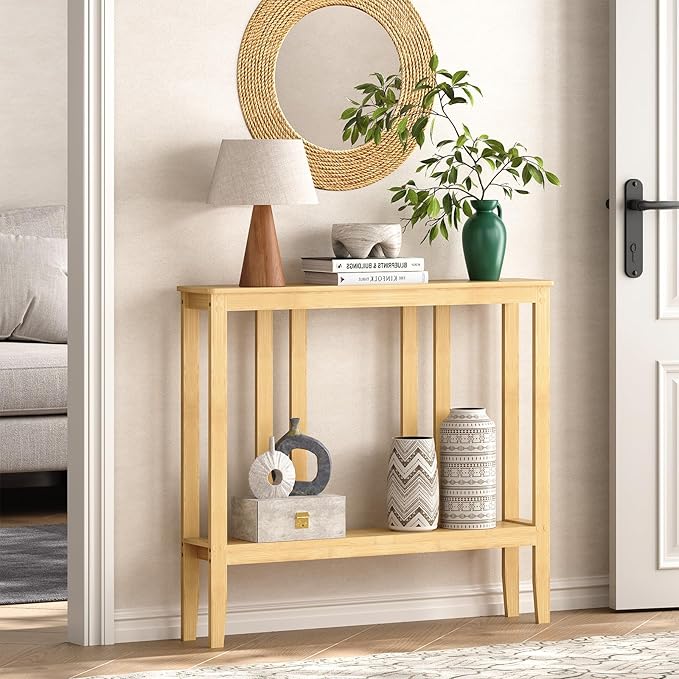 ELYKEN Console Tables for Entryway, 36.2" Long 2 Tier Hallway Table Behind Couch, 7” Narrow Sofa Table for Entrance, Entry, Living Room, Natural