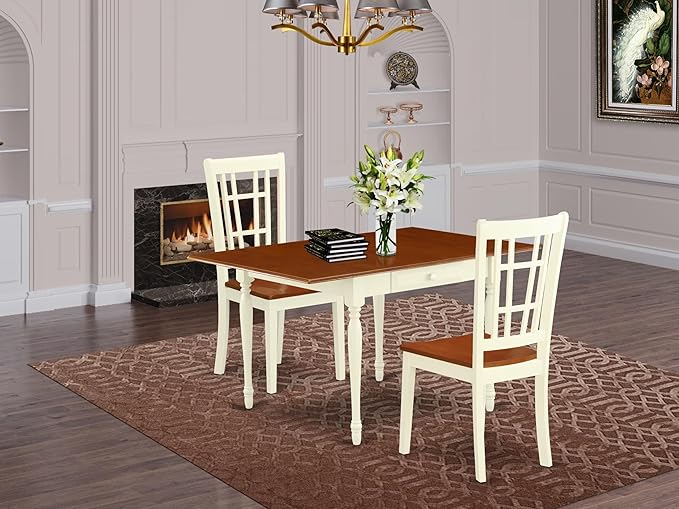 East West Furniture MZNI3-WHI-W 3 Piece Modern Dining Table Set Contains a Rectangle Wooden Table with Dropleaf and 2 Kitchen Dining Chairs, 36x54 Inch, Buttermilk & Cherry