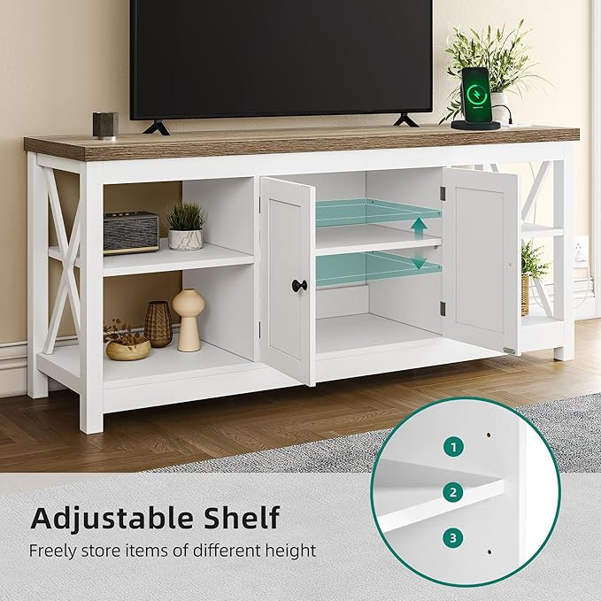 YITAHOME TV Stands for Living Room, Modern Entertainment Center with Power Outlets for Television up to 65 Inch, Farmhouse Media Console TV Cabinet with Adjustable Shelf & Open Shelves, White