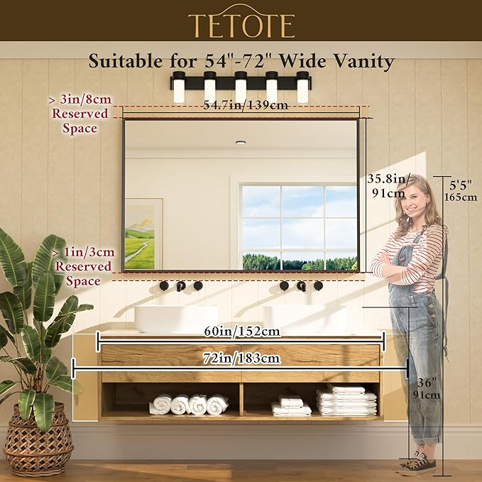 TETOTE Black Bathroom Mirror for Over Sink 55" x 36" Large Matte Black Beveled Metal Framed Rectangular Vanity Mirror for Bathroom, Bedroom, Entryway, Living Room, Tempered Glass, Shatterproof